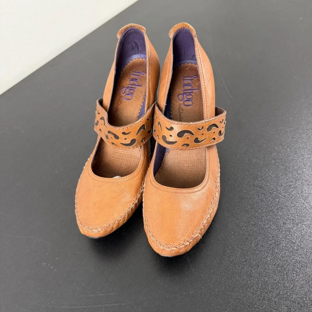 Indigo By Clarks Mary Jane Pump Heels Womens 8M Brown Leather Comfort Career